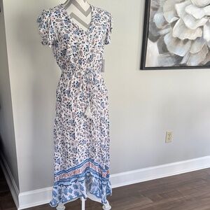 Japna White Floral Maxi Dress with Blue & White Floral Accents